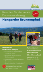 Anzeigenmotiv Premiumwanderweg Brunnenpfad Hangard, Bildmitte: Foto mit Wanderern auf Aussichts-Anhöhe mit Blick auf das Dorf, rechts unten Foto mit Mann und Frau an Dorfbrunnen, Logo rechts oben: HANGARD Brunnenpfad; Hangarder Brunnenpfad, Zertifiziert