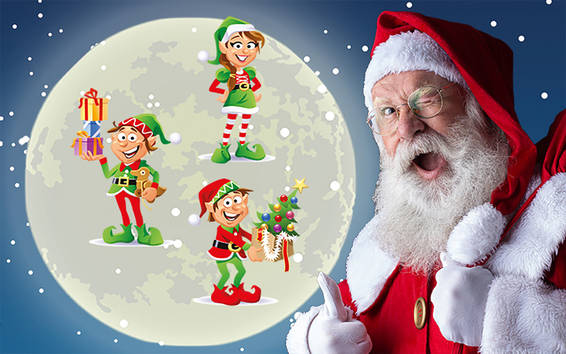 Weihnachtsmann mit Elfe und Wichteln